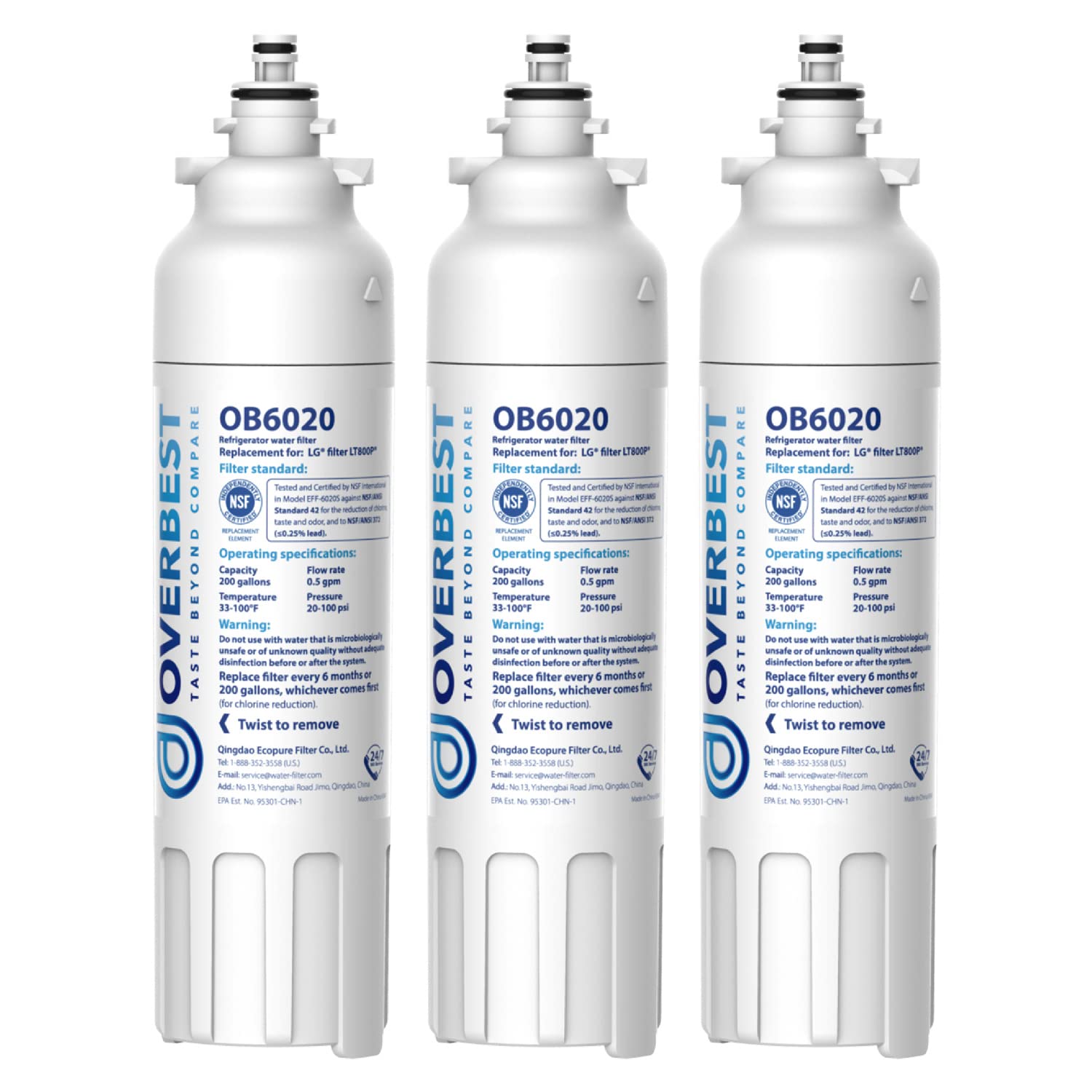 Photo 1 of Overbest ADQ73613401 Refrigerator Water Filter, Replacement for LG® LT800P®, ADQ73613402, ADQ73613408, ADQ75795104, Kenmore 9490, 46-9490, LSXS26326S, LMXC23746S, LMXC23746D, Pack of 3