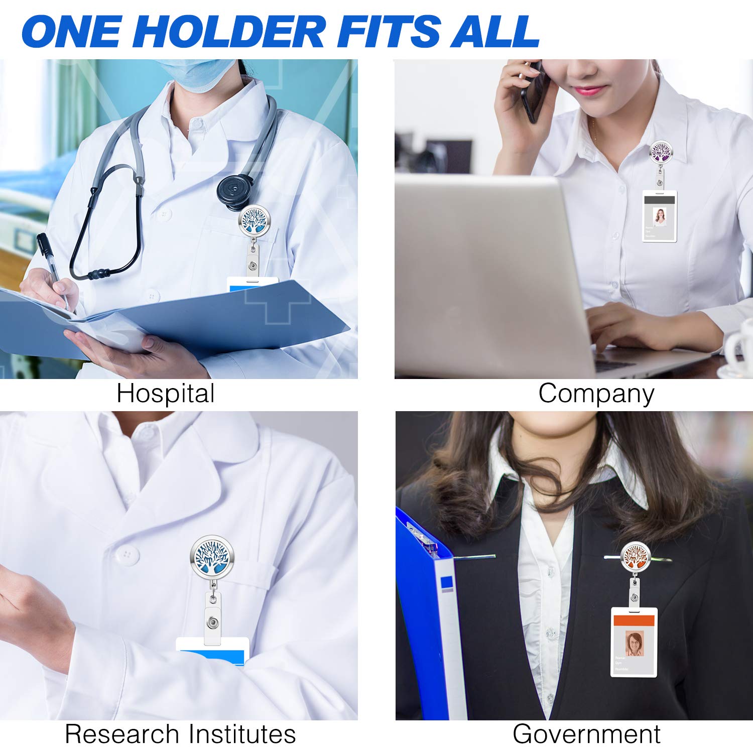 Retractable Badge Holder with Essential Oil Diffuser Aromatherapy Heavy Duty Badge Reels Cute ID Card Holder Clip for Nurse Teacher Tree of Life by SAM & LORI