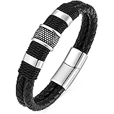 YL Braided Leather Mens Bracelet, 18K White/Yellow Gold/Rhodium Plated Stainless Steel Black/Brown/Red/Green Cuff Military Hero Punk Handcrafted Jewelry Gifts for Women