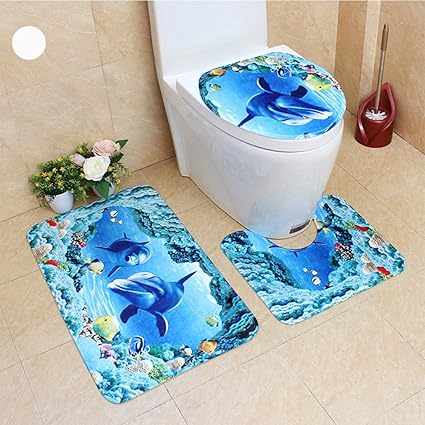 FidgetGear 3Pcs/Set Cute Creative 3D Sea Ocean Fish Shell Animals Bathroom Rug Toilet Lid Cover Mat Set Non-Slip Cartoon Foot Mat Water Absorb Anti-Skid Carpet 45 * 75cm Dolphin & Fish