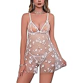 TrueVip Sexy Sheer Lingerie Sets for Women Front Closure V Neck Babydoll Nightwear Chemise Nightie Sleepwear with Thong