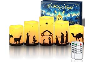 Homemory Flameless Christmas Nativity Scene Candles, Battery Operated LED Pillar Religion Candles, Nativity Sets Indoor Outdoor Decor for Xmas Holiday Home Decor, Remote Timer, Christmas Decor, 5 Pack