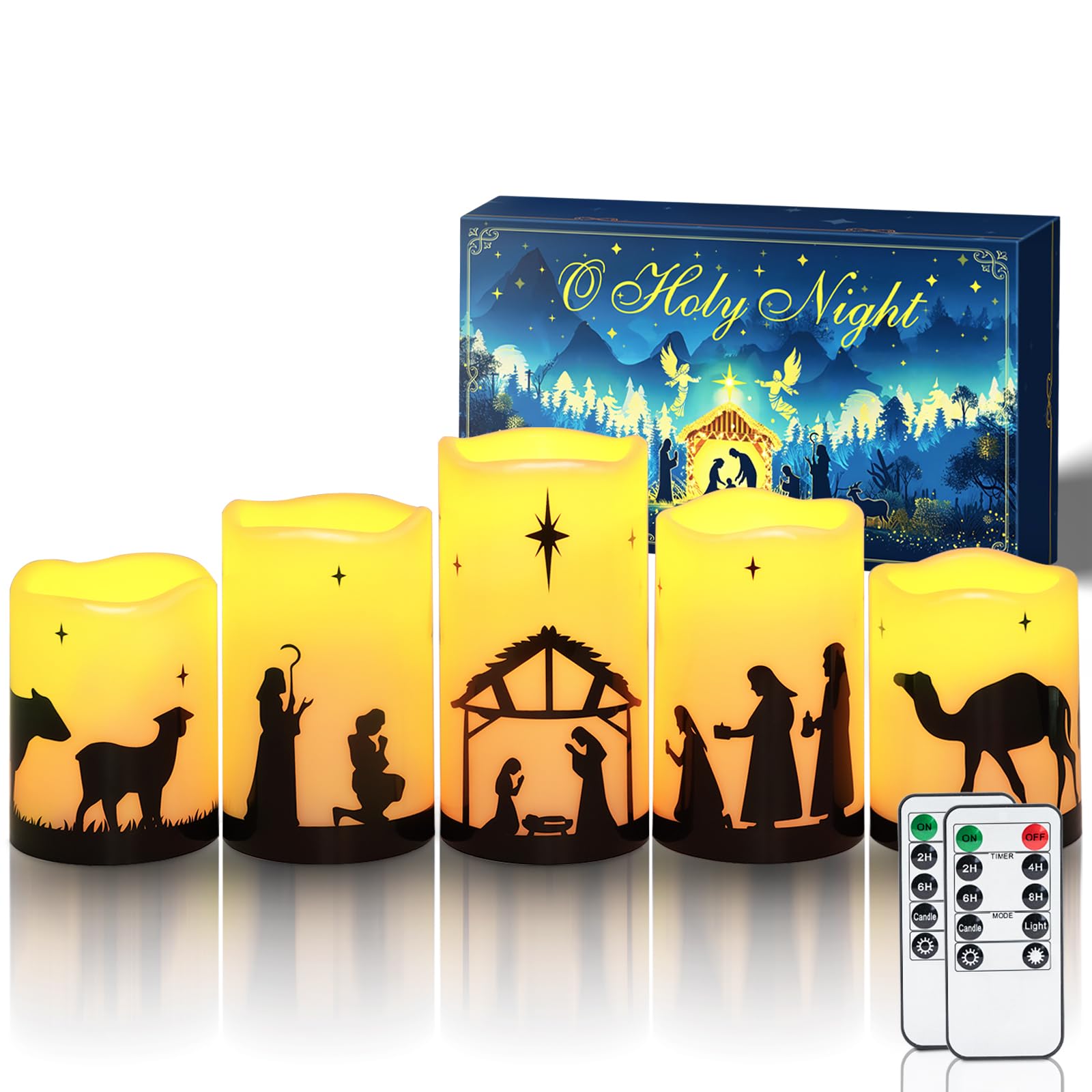 Photo 1 of Homemory Flameless Christmas Nativity Scene Candles, Battery Operated LED Pillar Religion Candles, Nativity Sets Indoor Outdoor Decor for Xmas Holiday Home Decor, Remote Timer, Christmas Decor, 5 Pack