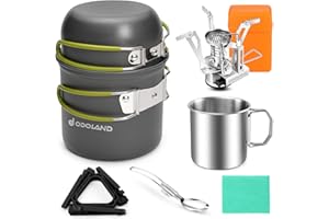Odoland 8pcs Camping Cookware Mess Kit, Camping Pot and Pan Set with Mini Backpacking Stove, Stainless Steel Cup, Spork and T