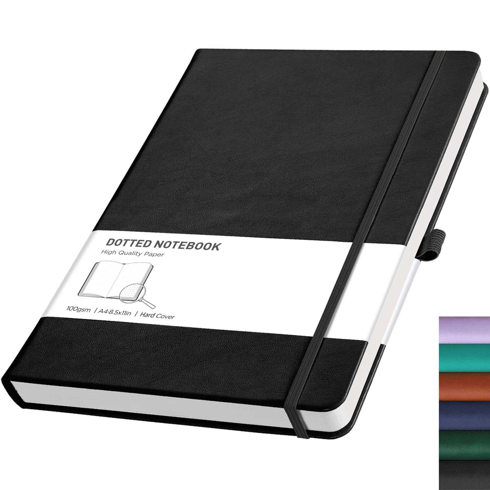 RETTACY Dotted A4 Notebook Journal -192 Pages Note Book for Bullet, Hardcover Leather Notepad with Pen Loop for Women Men Work Office School (21.5 x 27.9cm)-Black