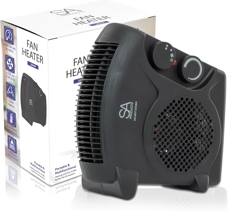 SA Products 2000W Fan Heater Portable Electric 2 Heat Cool Thermostat Black