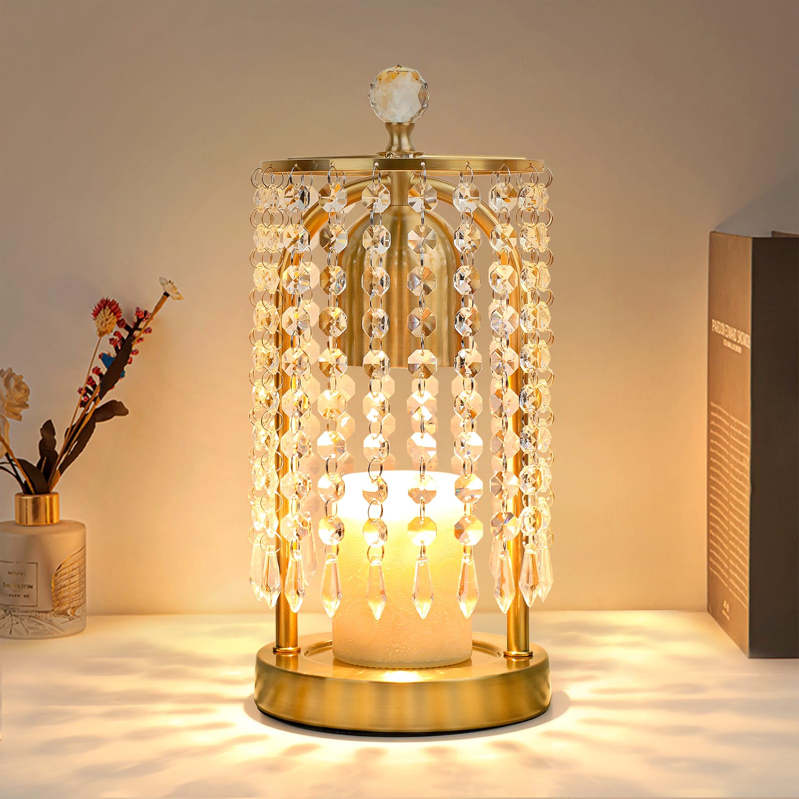 Photo 1 of Gold Candle Warmer Lamp With Timer and Dimmer - Electric Crystal Lamp for Bedroom Decor, Flameless Scented Light, House Warming Gift, Christmas Gifts for Women