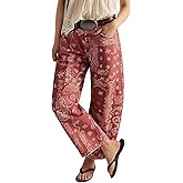 loveimgs Women Boyfriend Baggy Barrel Jeans Floral Print Denim Ankle Pants Wide Leg Mid Rise Jeans Sweatpants Y2k Patchwork