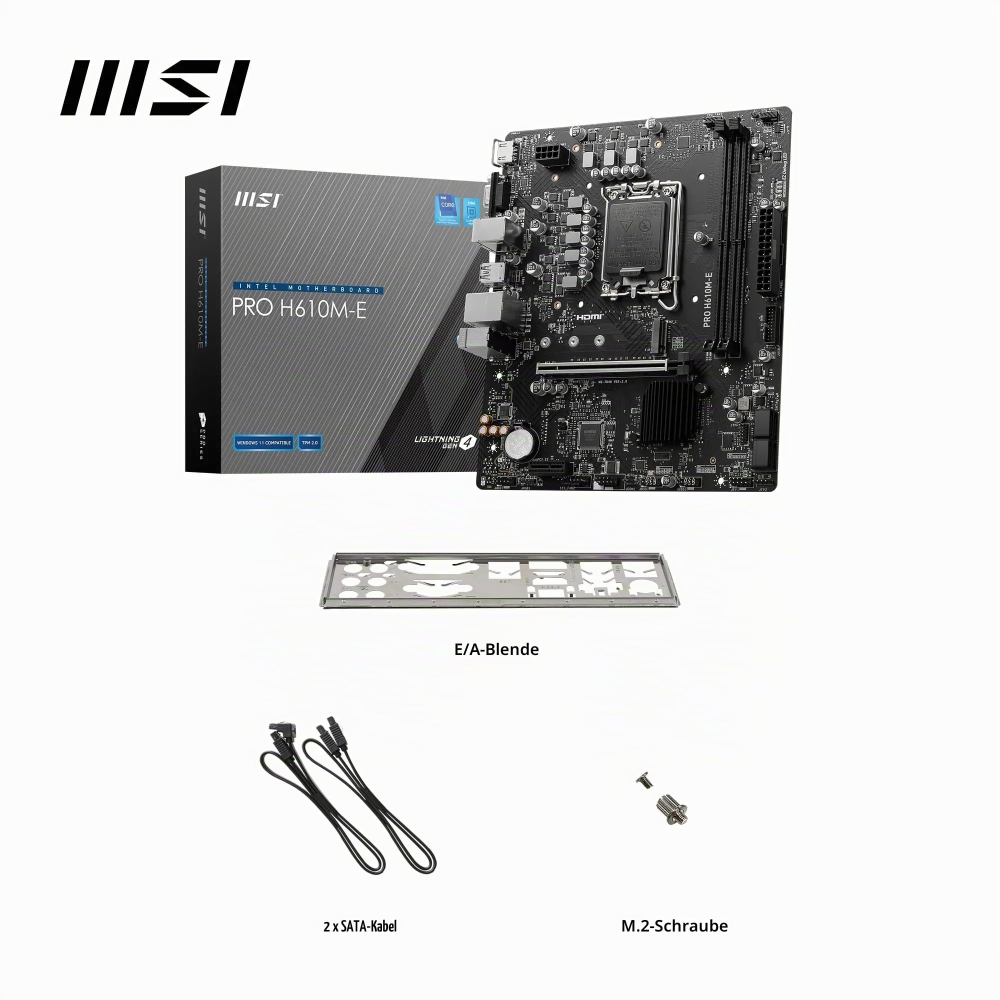MSI PRO H610M-E Motherboard, Micro-ATX - Unterstützt Intel Core Prozessoren der 12. und 13. Generation, LGA 1700 - DDR5 Memory Boost 5600MHz/MAX, PCIe 4.0 x16 Slot, M.2 Gen3 Slot 7