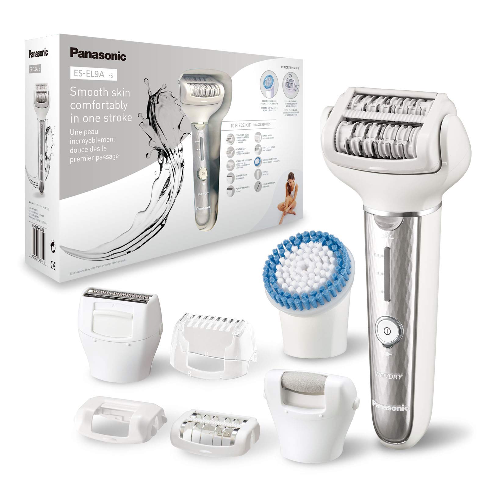 Panasonic ES-EL9A Wet and Dry Cordless Epilator with 8 Attachments and LED Light (UK Plug)