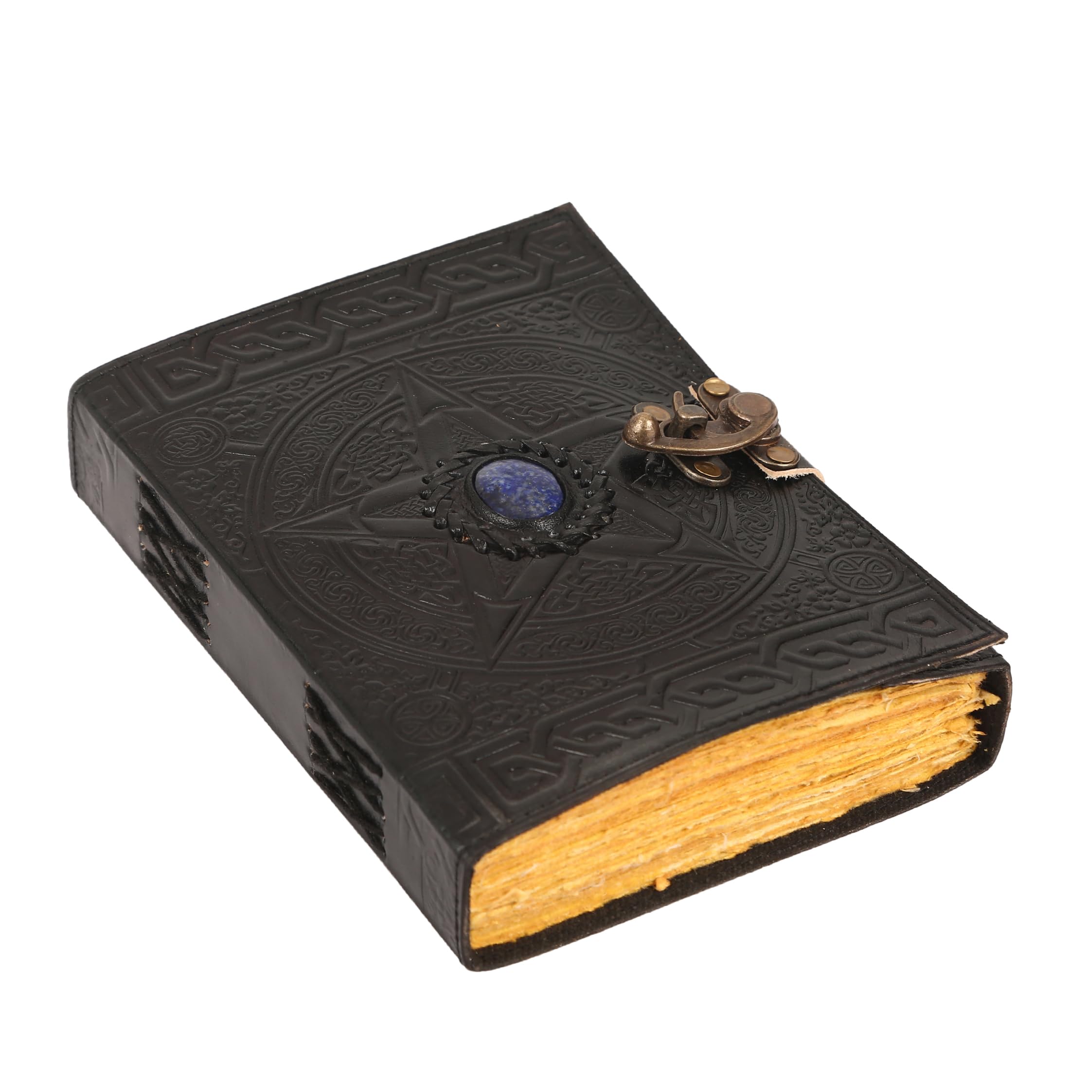 ANANYOM Handmade Leather Journal, Black, Pentagram Lapis Lazuli Stone Design, Genuine Leather Notebook Diary, Sketchbook with Brass Clasp Lock, Embossed Journal for Men & Women, Office Journal Deckle