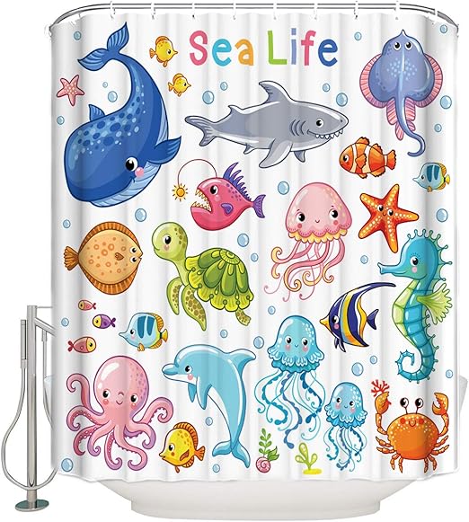 Cartoon Fish Whale Shower Curtain Kids Ocean Animals Theme Fabric Shower Curtain Sets Bathroom Decor With