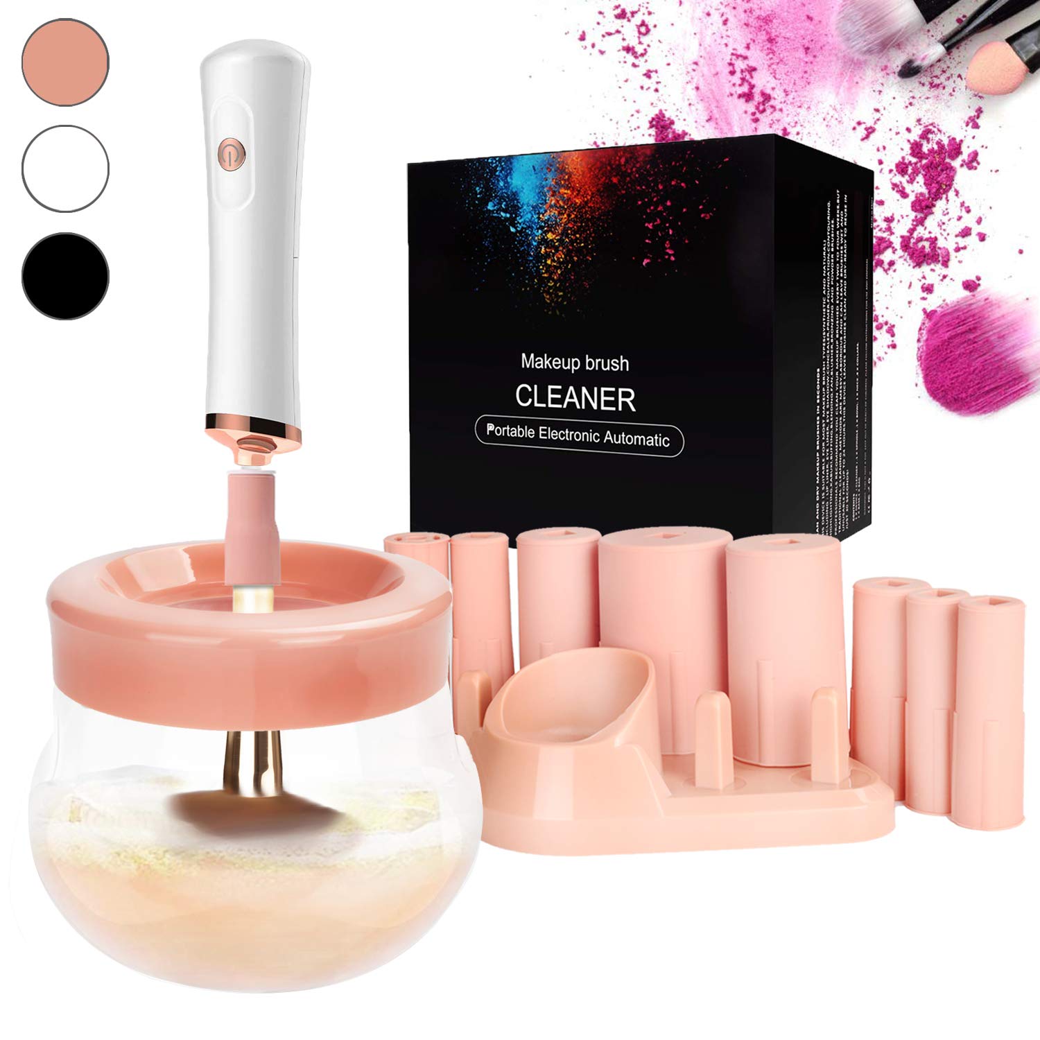 Upgraded Premium Makeup Brush Cleaner and Dryer Machine,Electric Cosmetic Automatic Brush Spinner with 8 Size Rubber Collars,Wash and Dry in Seconds,Deep Cosmetic Brush Spinner for All Size Brushes