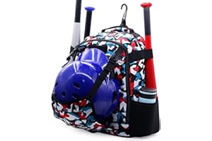 ZOEA Youth Baseball Bat Bag Backpack, T-Ball & Softball Equipment & Gear for Youth, Large Capacity Holds 2 Bats, Helmet, Gloves, Cleats, Helmet Holder and Includes Fence Hook