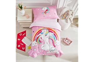 UOZZI BEDDING 4 Pieces Toddler Bedding Set for Girls - Pink Unicorn Cartoon Stars Rainbow Print Cute Princess Bed in a Bag - Comforter Set, Fitted Sheet, Flat Sheet, Pillowcase