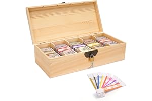 Mczxon Wooden Locking Currency Money Cash Tray with Coin Tray, 5 Compartment Wooden Cash Money Currency Organizer Storage Change Box Case Holder Moneyboxes with Lockable Cover 300 Money Wrappers