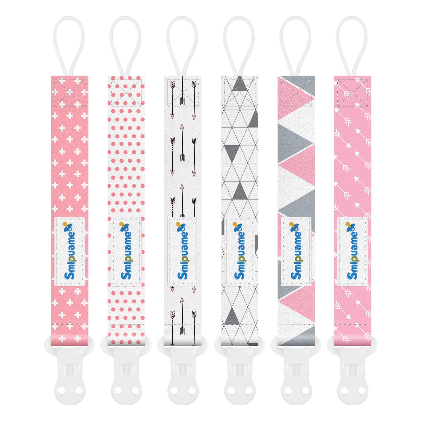 Smlpuame Dummy Clips Girl,6 Pack BPA Free Soother Chain,Pacifier Holder Clips for Teether Toy,Baby Dummy Strap Universal Design Fit All Pacifiers Baby Teething Toys,Baby Gift(Pink & Grey)