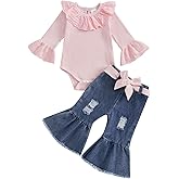 Gaono Toddler Baby Girl Fall Winter Clothes Bell Bottom Denim Outfit Solid Ribbed Romper Flare Jean With Headband 3Pcs Set
