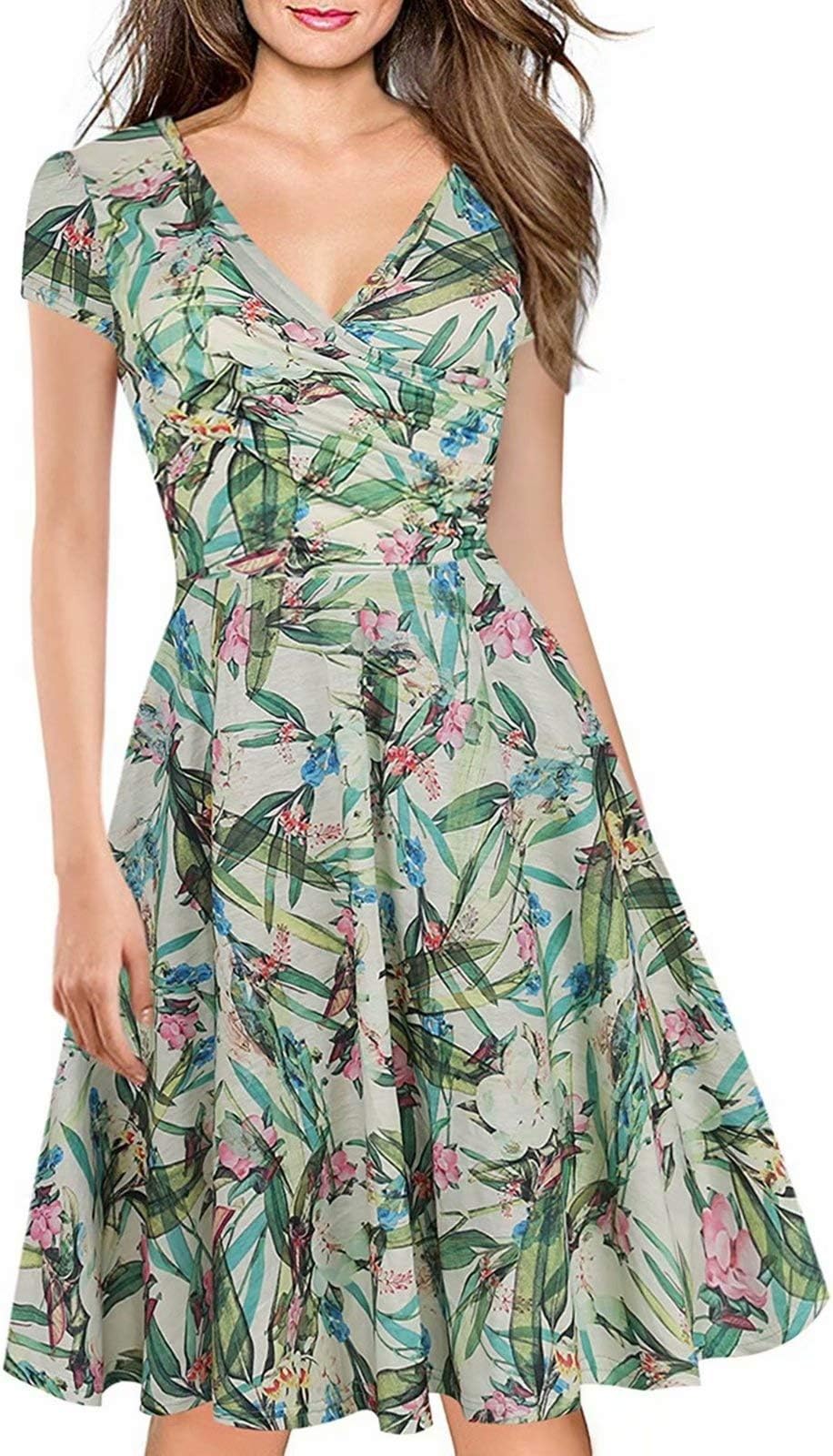 LINCMANWomen's Criss-Cross Necklines V-Neck Cap Sleeve Floral Casual Work Stretch Swing Summer Dress Party Dress