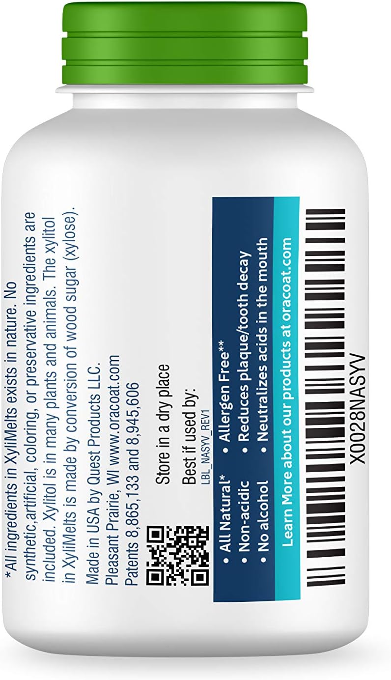 OraCoat XyliMelts Dry Mouth Relief Moisturizing Oral Adhering Discs Mild Mint with Xylitol, For Dry Mouth, Stimulates Saliva, Non-Acidic, Day and Night Use, Time Release for up to 8 Hours, 100 Count: Health & Personal Care