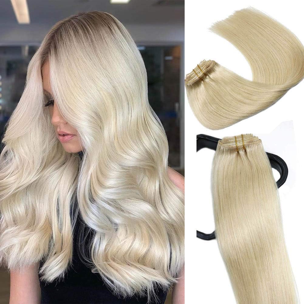 VARIO Clip in Hair Extensions Human Hair Double Weft Brazilian Hair 15 Inch Platinum Blonde 7pcs 70g Set Silky Straight Top Grade 8A 100% Real Remy Human Hair Clip on Hair Extensions for women