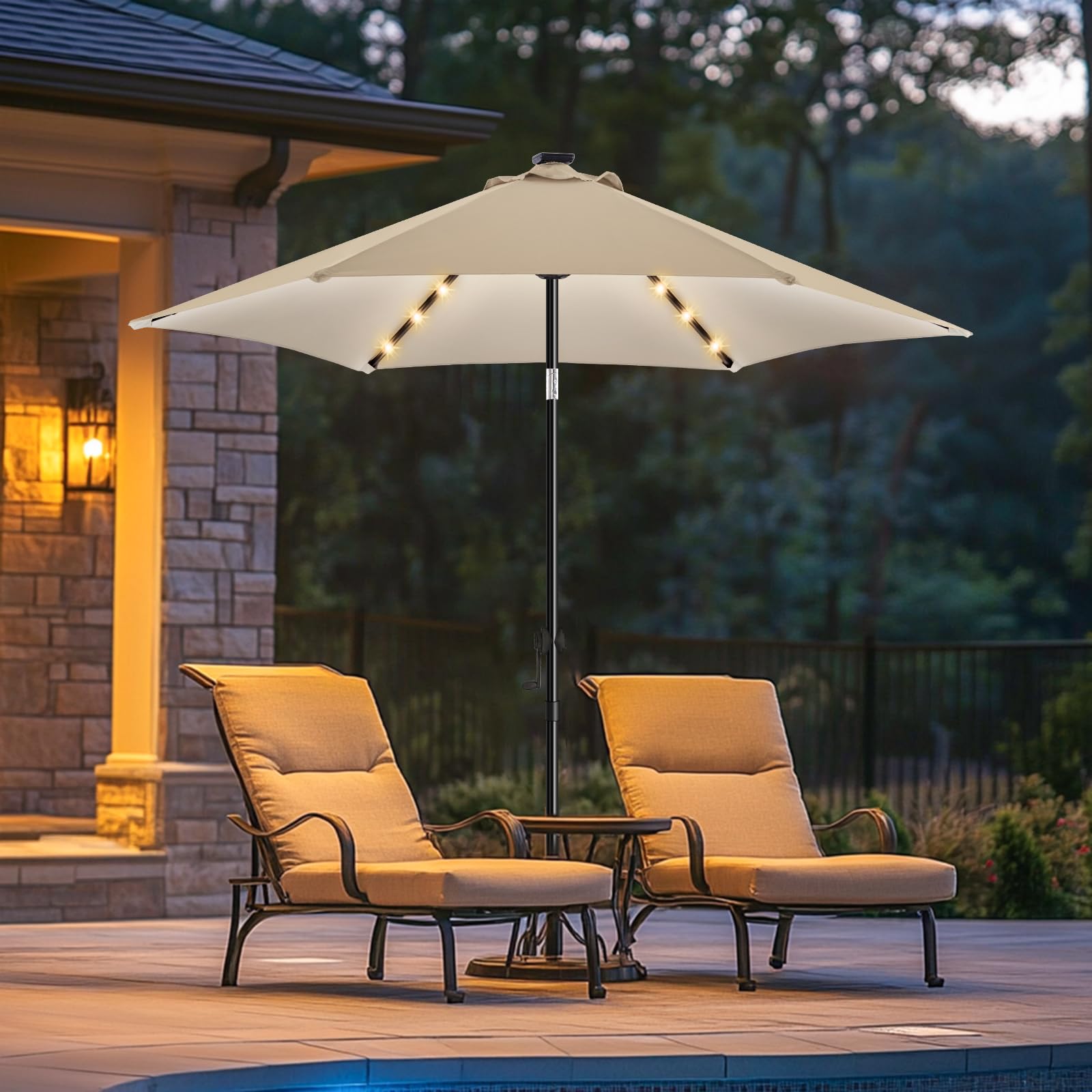 Photo 1 of *PARTIAL SET * wikiwiki 7.5ft Solar Led Patio Umbrella, Sturdy Outdoor Market Umbrella for Deck, Pool, Garden w/Tilt, Crank, 18 LED Lights, Beige