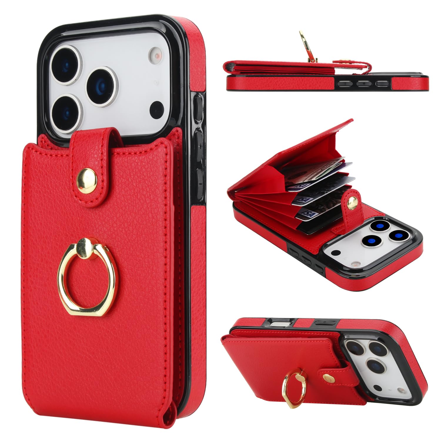 Folosu Compatible with iPhone 17 Pro Case Wallet with Card Holder, 360°Rotation Finger Ring Holder Kickstand, RFID Blocking Leather Protective Double Buttons Shockproof Cover 6.3 Inch Red