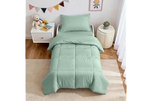 ZPECC Toddler Bedding Set - 4 Piece Hypoallergenic Baby Crib Bedding Set for Boys and Girls, Includes Toddler Comforter, Flat Sheet, Fitted Sheet and Pillowcase, Green Stripe