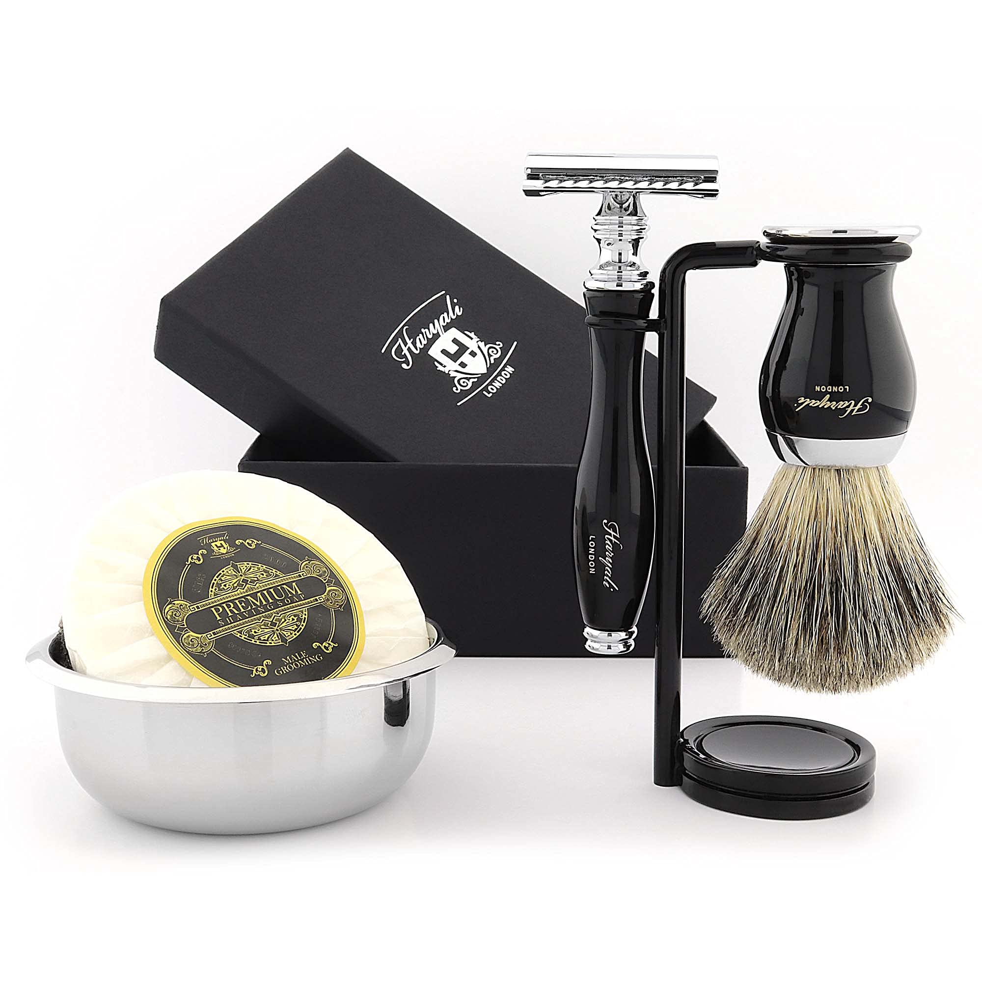 Haryali London Shaving Kit – 5 Pc Shaving Kit – Double Edge Safety Razor - Black Badger Shaving Brush – Shaving Soap – Shaving Bowl – Shaving Stand – Black Color Shaving Set as Gift