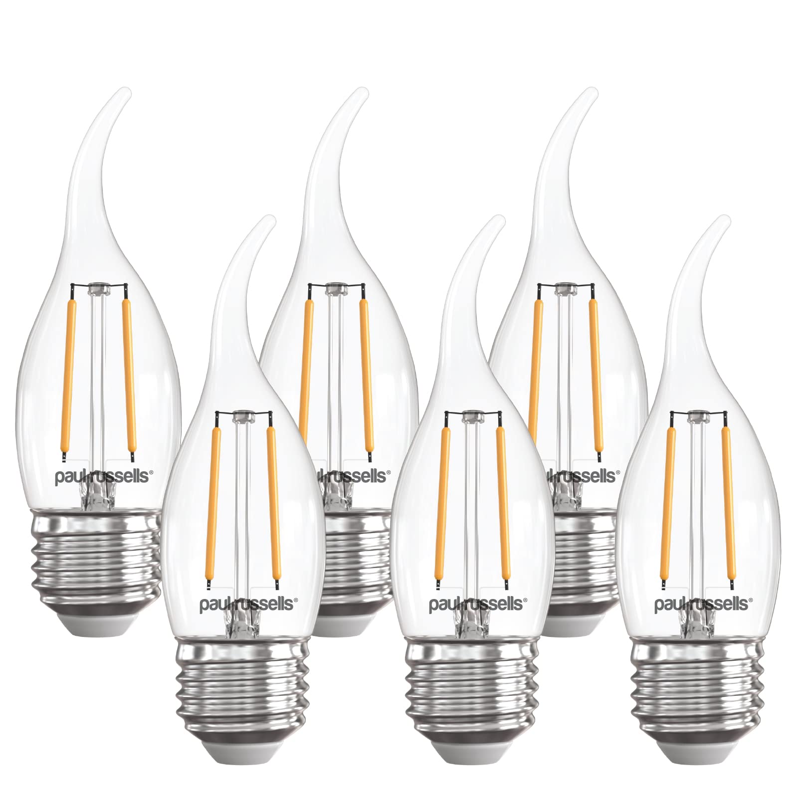 paul russells LED Flame Candle Filament Bulbs - Pack of 6 – 2.5W 25W Equivalent 250LM Lumens 2700K ES E27 Edison Screw C35T– Super Bright Energy Savingd Light Non-Dimmable Warm White Lamp