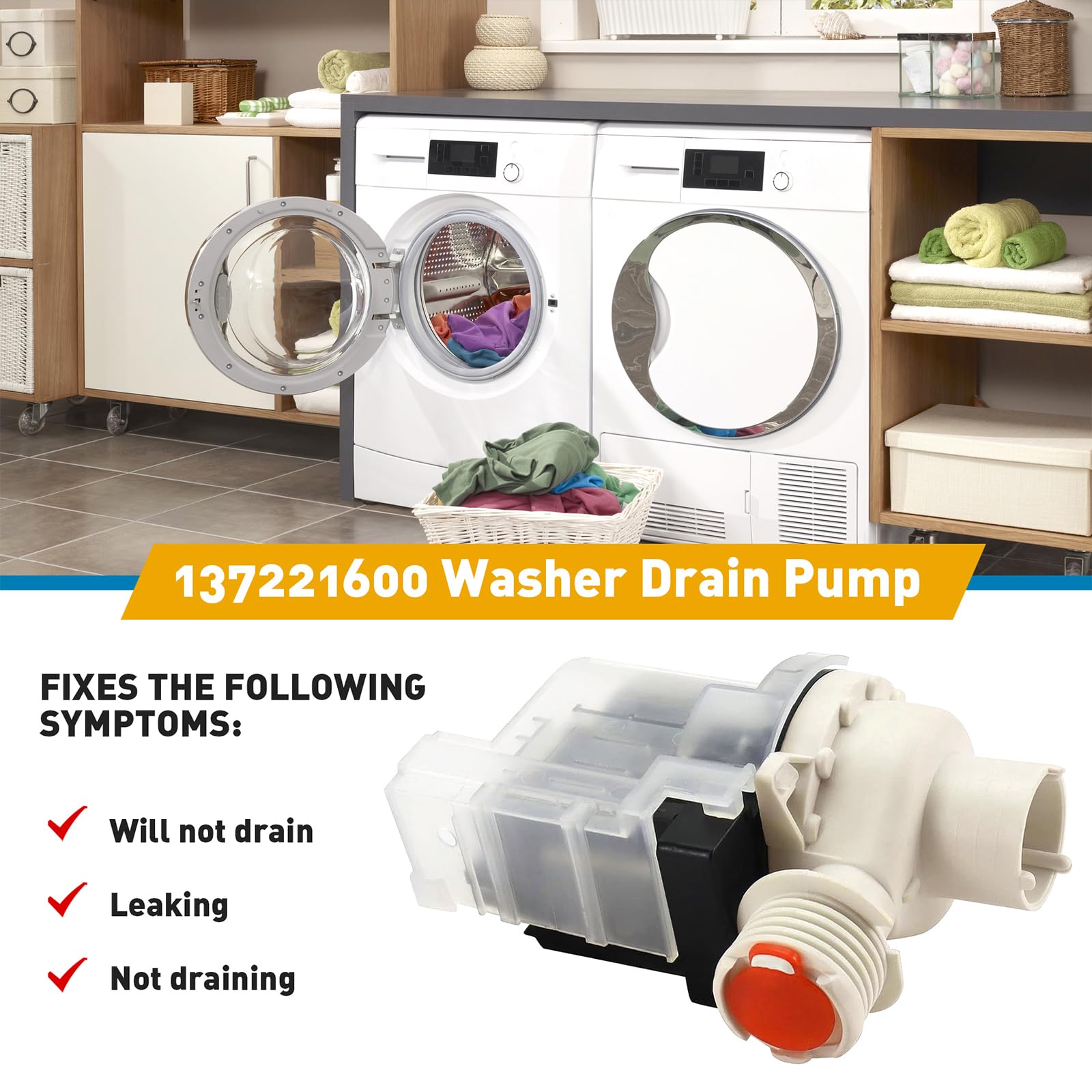 137221600 Washer Drain Pump Replacement for Frigidaire, Westinghouse, Kenmore, Gibson - Replaces 137108100 134051200 137151800,131724000,134740500,PS7783938,AP5684706, 2754548