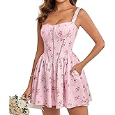 KUTUMAI Floral Corset Mini Dress Summer Flowy A Line Smocked Short Dresses for Women 2025 Sundress with Pockets