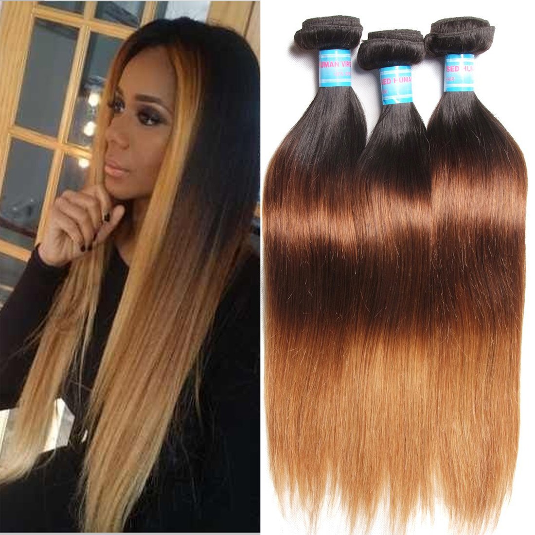 Klaiyi Hair Brazilian Ombre Virgin Straight Hair 3 Bundles 16 18