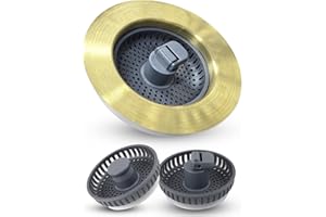 HYGIE RINSE Universal 3 in 1 Kitchen Stopper Sink Strainer, Fit Anti-Clog Pop Up Gold Sink Stopper Drainer with for US Standard 3-1/2 inch Drain Filter, Equiped with Additional 2pcs Strainers