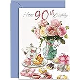 Female 90th Birthday Card - French Fanices and Roses Design - Traditional Ninetieth Birthday Card for Mum - Age 90 Birthday Card for Her - Auntie, Daughter, Sister, Friend | Blank Inside