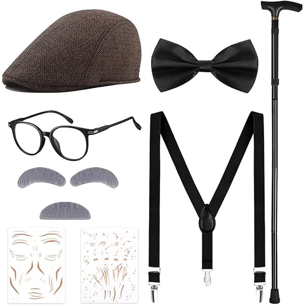 7-Piece Old Man Costume Set - Wig, Glasses, Mustache, Cane For 100 Days Of School & Halloween