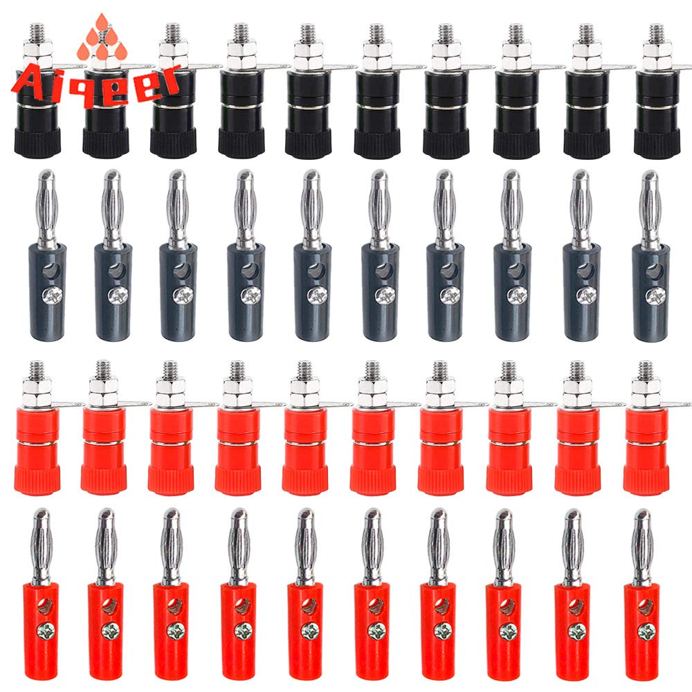 Aiqeer 20 Pairs 4 mm Banana Plug Socket Connector Set, Nickel Plated Banana Plug and Binding Post Terminal Kit, for Speaker, Audio/Video Receiver (Red, Black)