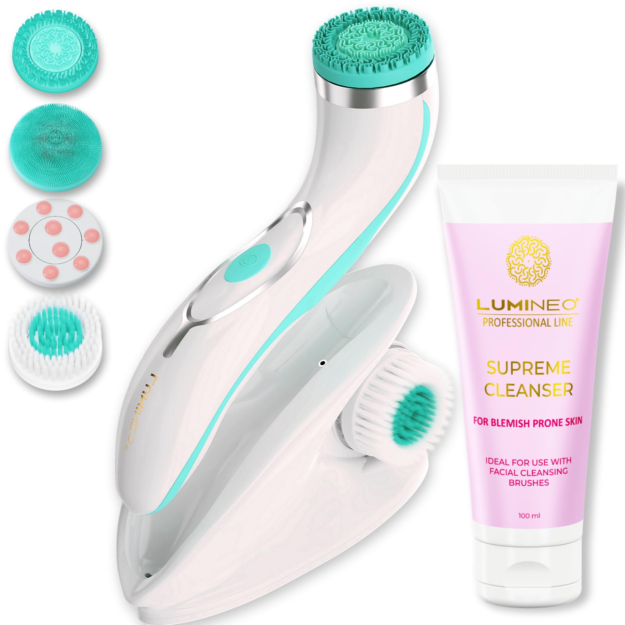 Lumineo Facial Cleansing Brush with 4 Silicone Brush Heads, with Cleansing Gel for pores, Peeling and Removing blackheads, Electric USB Facial Brush for All Skin PRO Turquoise (Blemish Skin)
