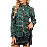 Womens Long Sleeve Plaid Shirt Ruffled Collar Casual Tops Button Down Lightweight Blouse