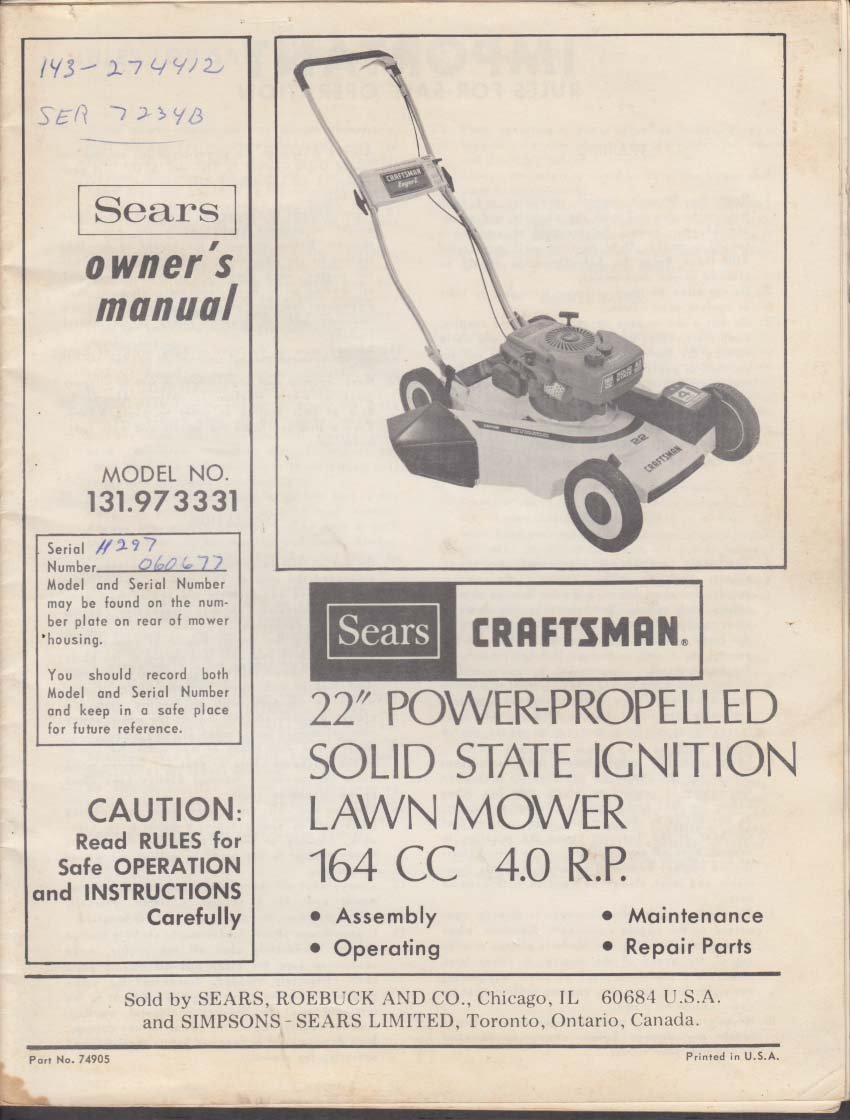 Sears Craftsman 22" Self-Propelled Lawn Mower Owners Manual 1977 at  Amazon's Entertainment Collectibles Store