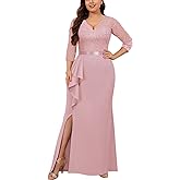 Miusol Women's Plus Size Vintage Formal Floral Lace Ruffle Slit V Neck Evening Party Elegant Maxi Dress