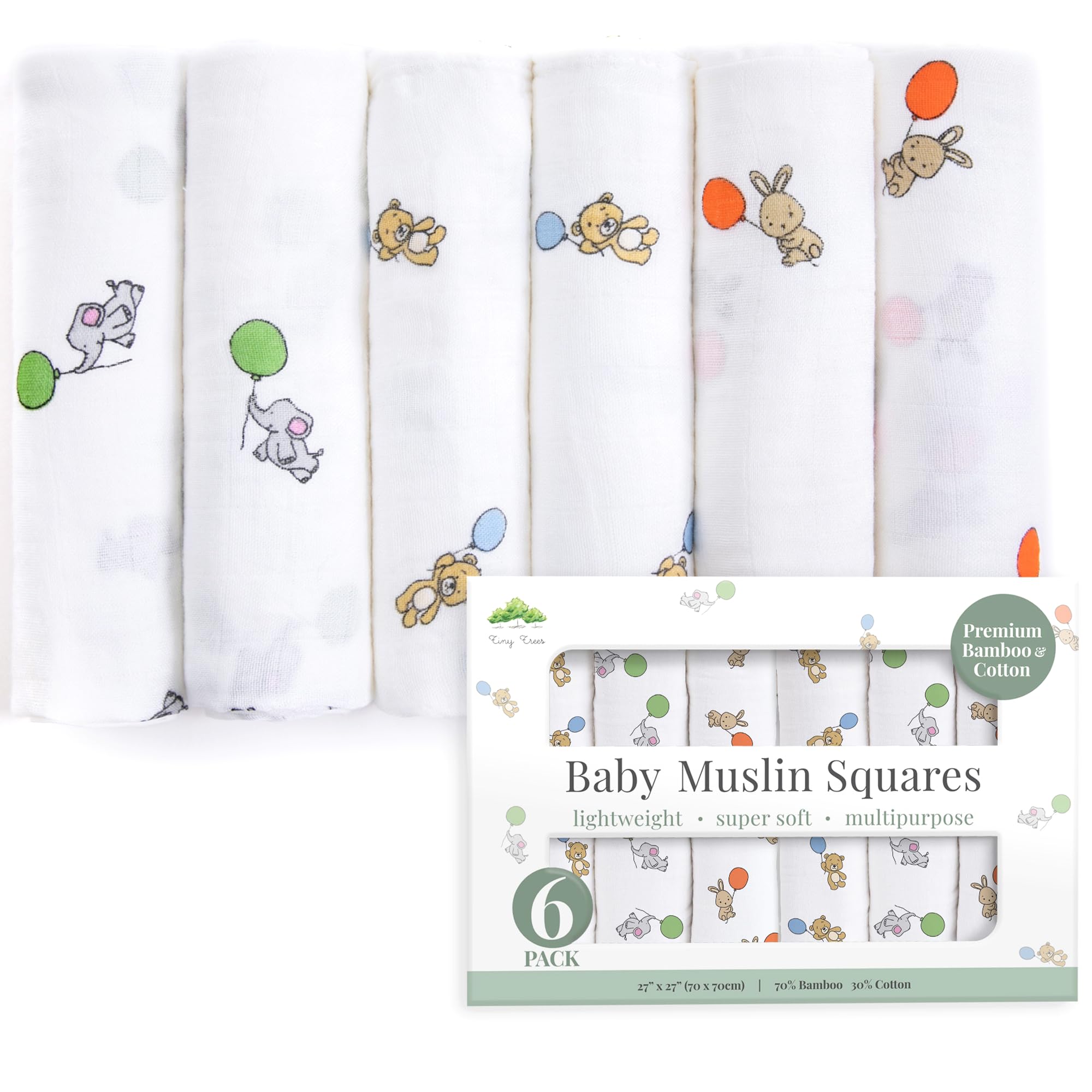 Tiny Trees Baby Muslin Cloths, 6 Pack 70cm x 70cm – Extra Soft Cotton Muslin Cloths for Baby – Absorbent, Breathable & Gentle Muslin Squares for Newborns, Swaddle Blanket