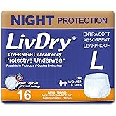 LivDry Adult Diapers Large Incontinence Underwear, Overnight, Leak Protection, 16-Pack