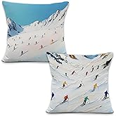 LRyeisahh Winter Ski Throw Pillow Covers, Ski Gifts for Women Men, Winter Skiing Mountain Landscape Decorative Pillowcases Cushion Cases for Bedroom Living Room Decor, 18x18 Pillow Covers Set of 2