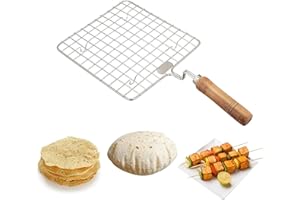KSJONE Stainless Steel Multi-Functional Wire Steaming Cooling and Baking Barbecue Rack Square Wire Roaster Rack/Papad Jali/Roti Grill Round Shape with Wooden Handle