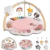 Blissful Diary Baby Play Gym & Activity Mat, 5 Developmental Zones Wooden Tummy Time Mat with 5 Detachable Sensory Toys for Motor Skills & Sensory Development, Baby Essentials Shower Gift, Pink Flower