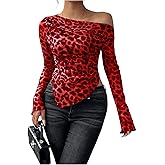 Floerns Women's Leopard Off The Shoulder T Shirts Long Sleeve Y2k Going Out Tops