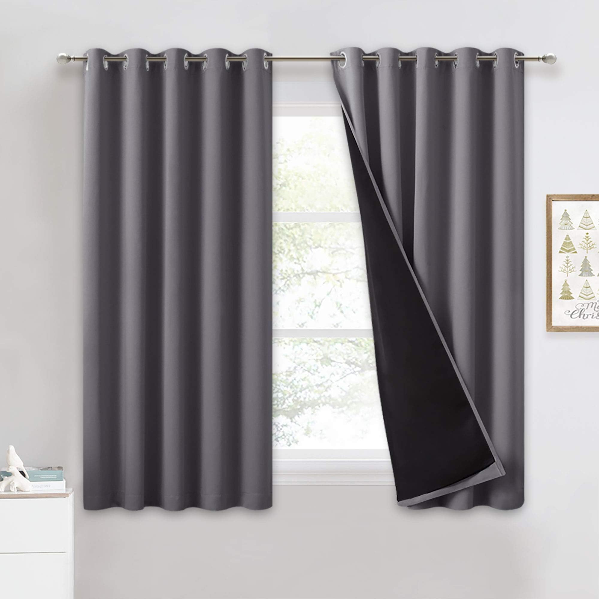 PONY DANCE 100% Blackout Curtains with Liner - Double-Layer Thermal Insulated 66x54 Inch Bedroom Curtains, Energy Saving & Noise Reducing, Grey Eyelet Window Drapes (Set of 2 Panels)
