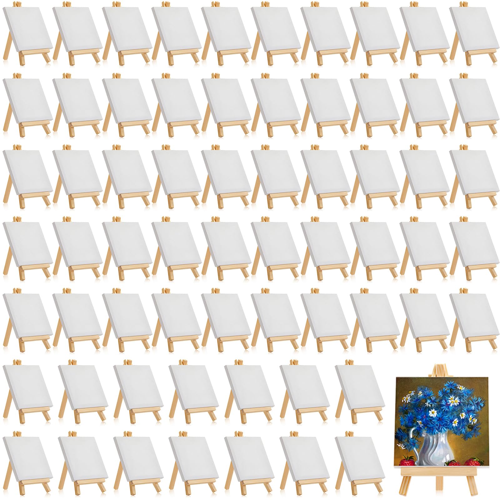 Photo 1 of Mimorou 64 Pack, 4 x 4 Inch Mini Canvases with Easel Sets for Painting Small Art Stretched Canvases Panels Pack with Wood Display Easel for Kids Birthday Parties Operation Christmas Gifts Items
