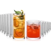 INSETLAN 12-Piece Ribbed Glassware - 6 Highball Glasses 12 oz, 6 Rocks Glass Cups 14 oz, Vintage Cocktail Drinking Glasses, Ideal for Wine, Juice, Water, Ice Coffee Cup, Whiskey, Mixed Drinkware